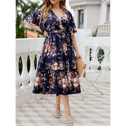 Navy Blue Floral V-Neck A-Line Dress Polyester For Casual Wear