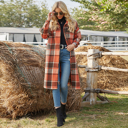 Temperament Commuter Windbreaker Side Slit Lapel Loose Women'S Wool Plaid Shirt Jacket