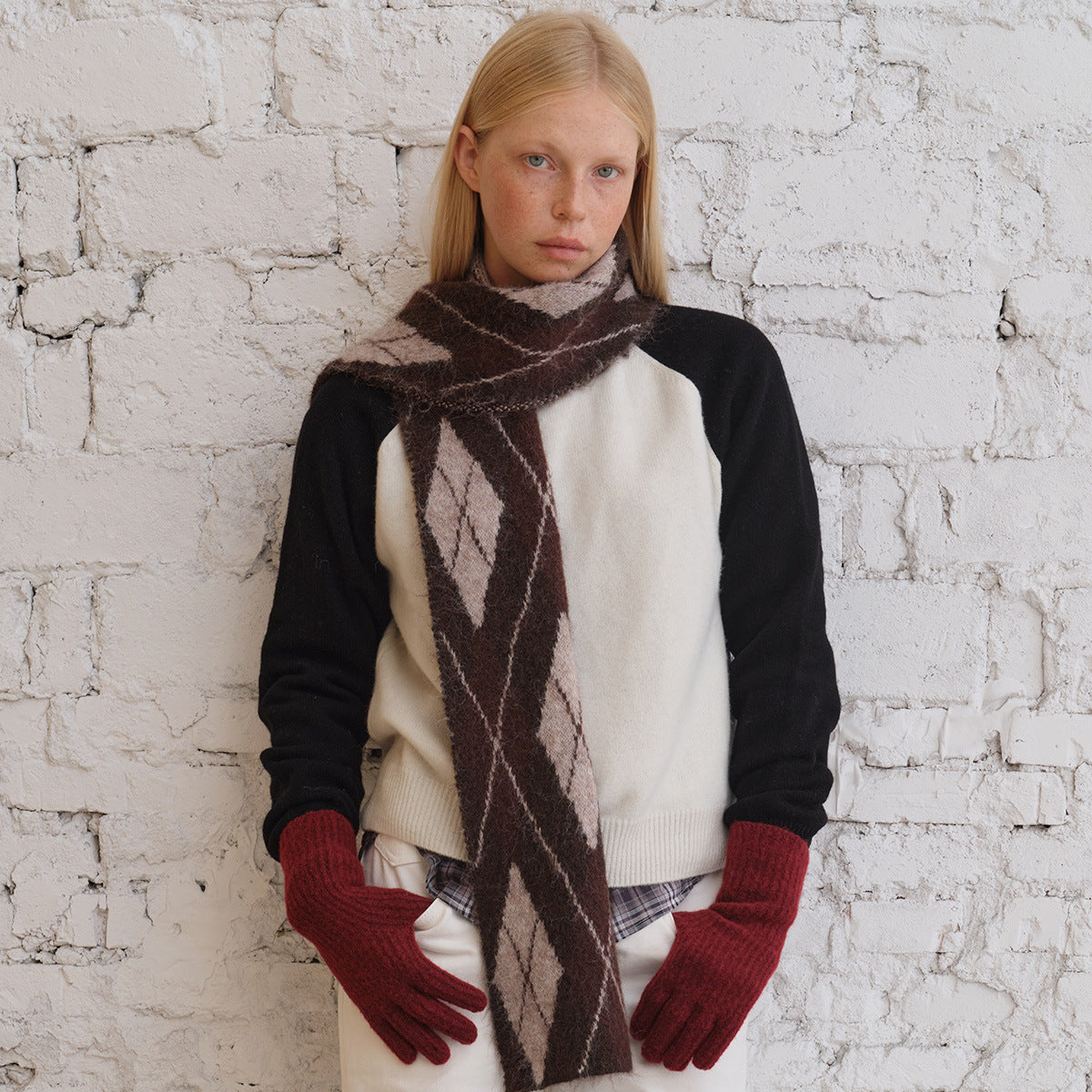 Wool Blend Geometric Knit Scarf Soft Winter Neck Warmer