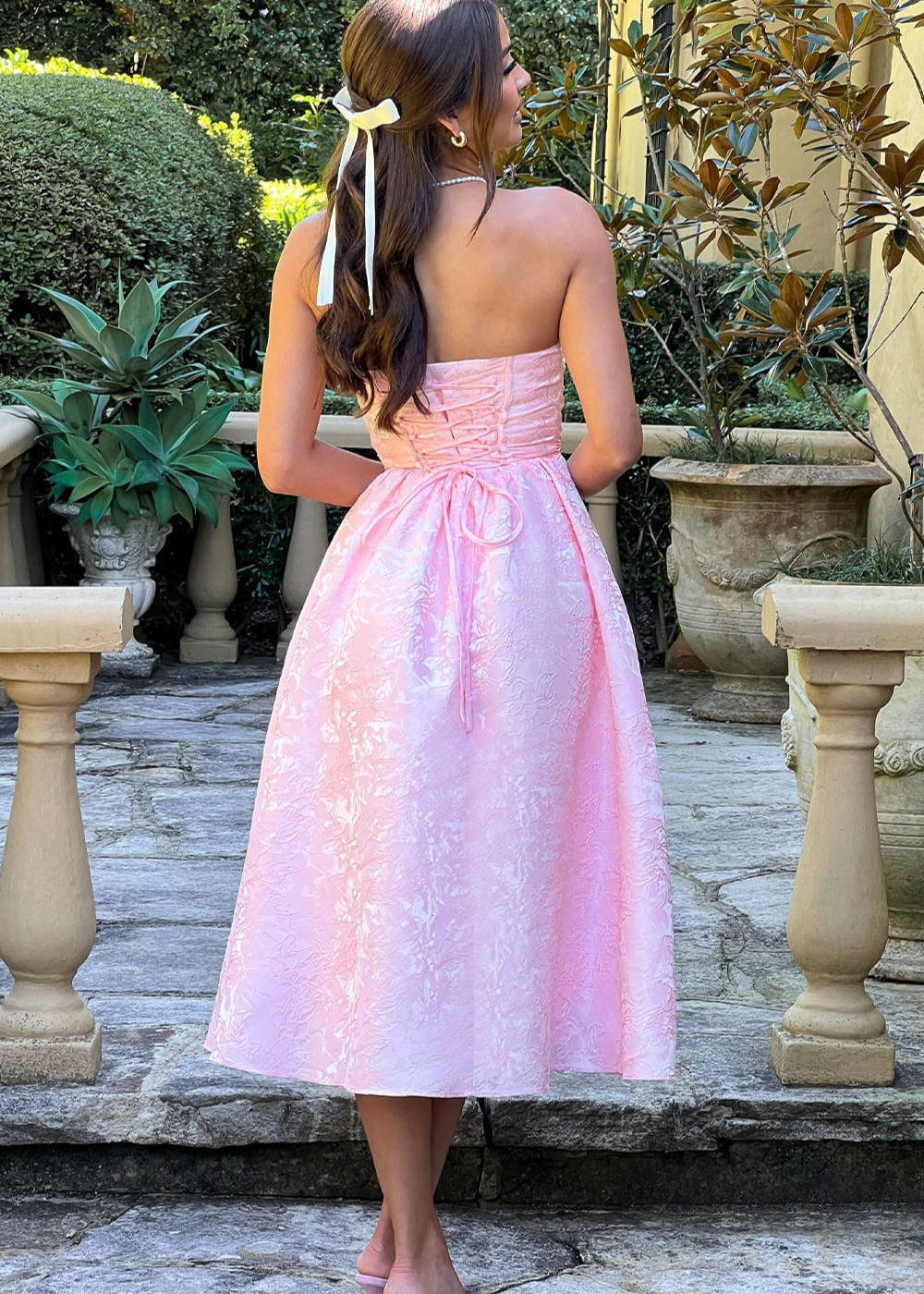 Strapless Jacquard Midi Dress with Corset Back