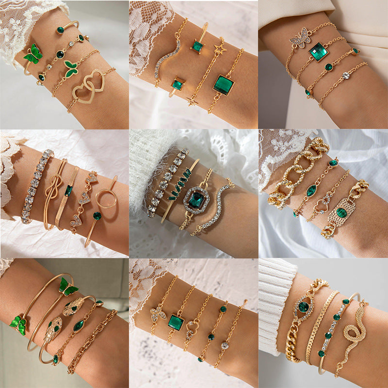 Heart-Shaped Emerald Gemstone Bracelet Set With Rhinestones