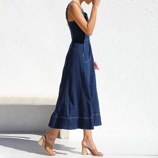 Casual Sleeveless Distressed Denim Maxi Dress