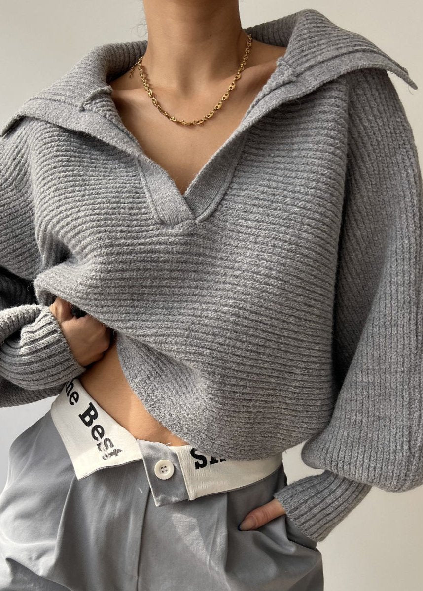 Ribbed Knit Sweater With Structured Collar