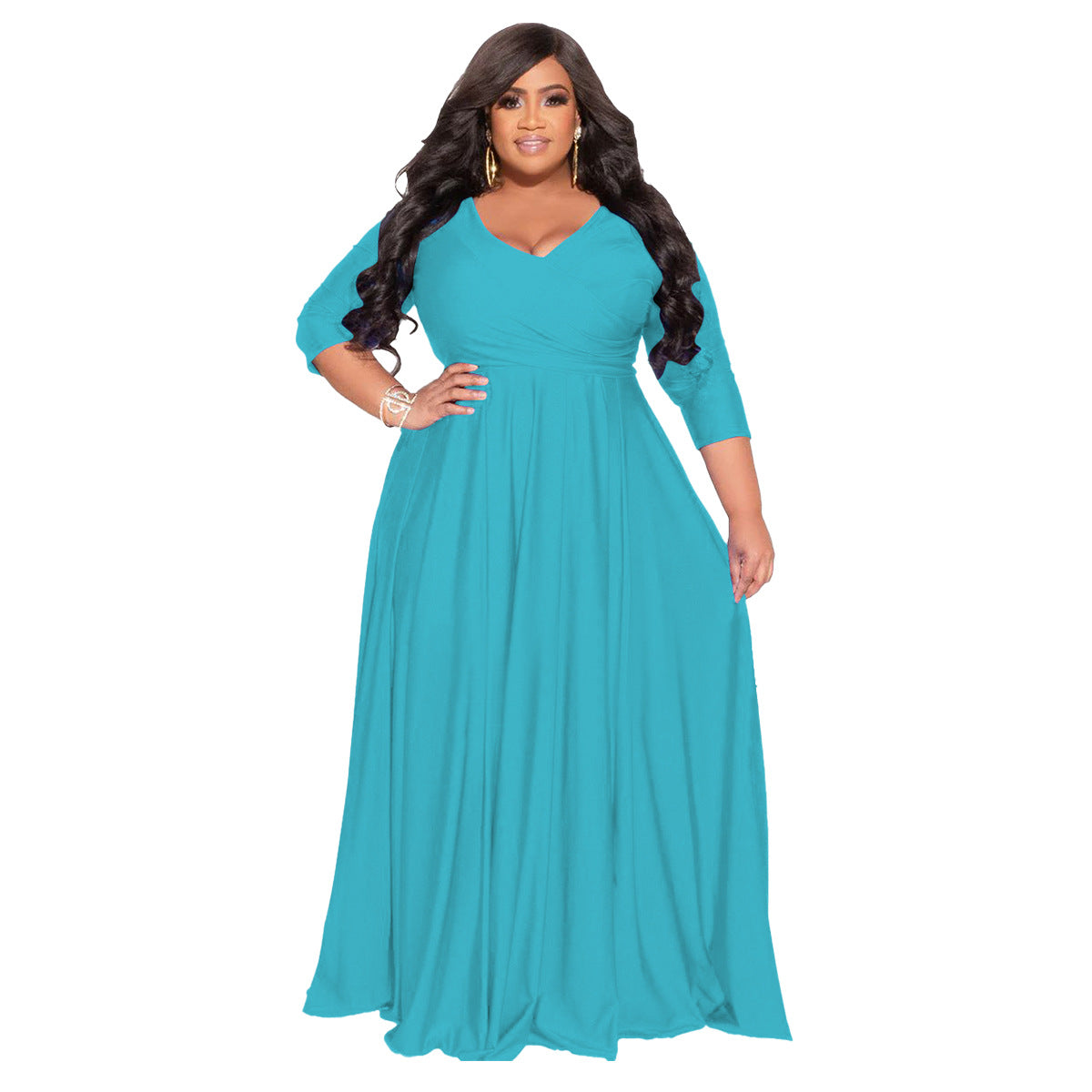 Plus Size Solid Color V-Neck Elegant Long Dress