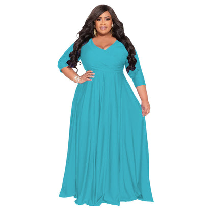 Plus Size Solid Color V-Neck Elegant Long Dress