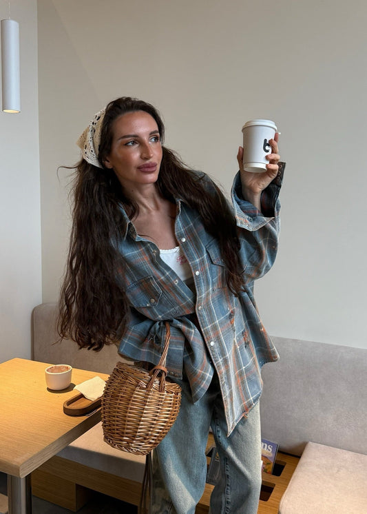 Oversized Plaid Button Up Shirt Polyester Flannel
