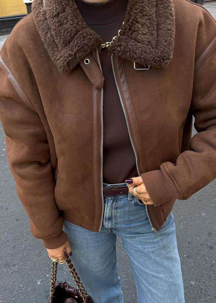 Faux Suede Aviator Style Shearling Jacket Brown