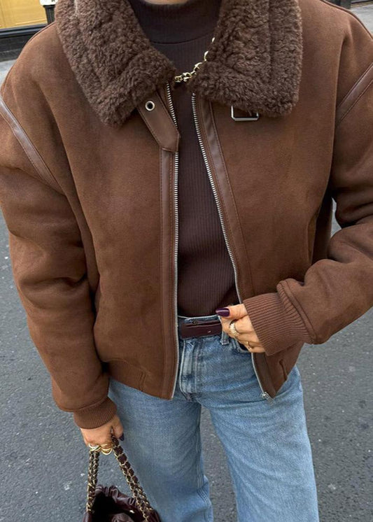 Faux Suede Aviator Style Shearling Jacket Brown
