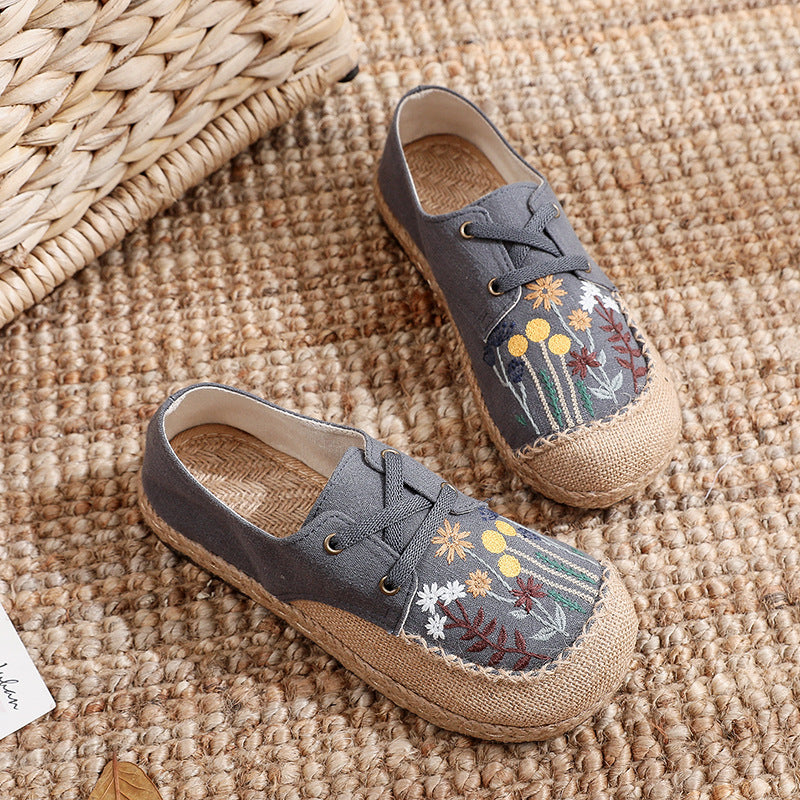 New Ethnic Style Women'S Shoes Dandelion Embroidered Linen Shoes Cow Tendon Bottom Hand-Stitched Top Lace-Up Cloth Shoes