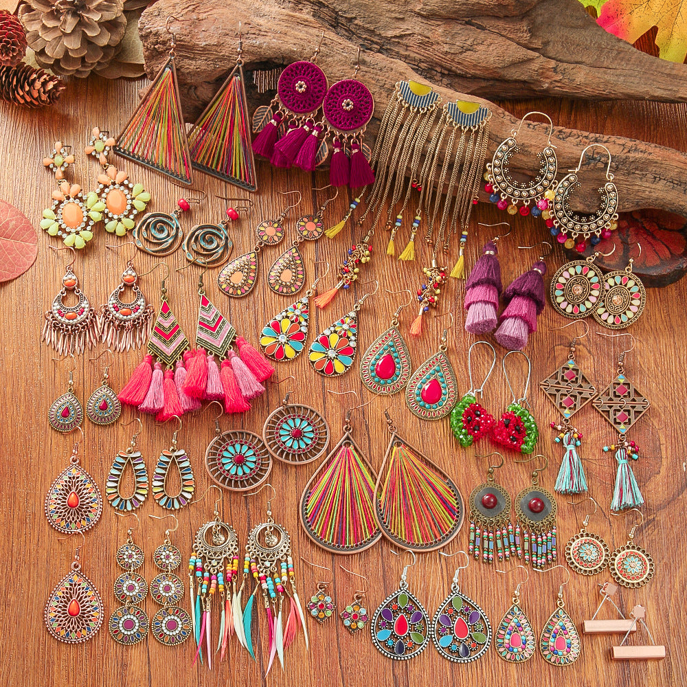 Bohemian Tassel Drop Earrings Colorful Ethnic Jewelry Set