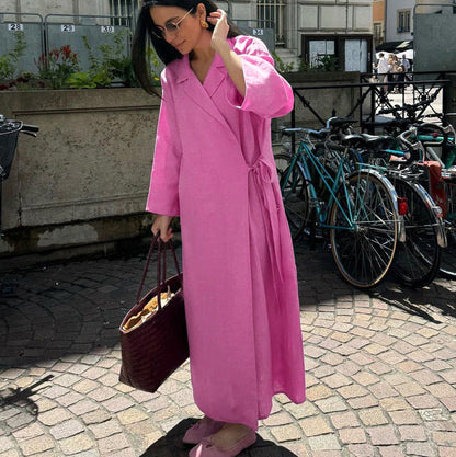 Pink Cotton Long Sleeve Tie Waist Maxi Dress