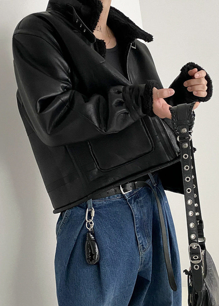 Faux Leather Aviator Jacket With Shearling Collar