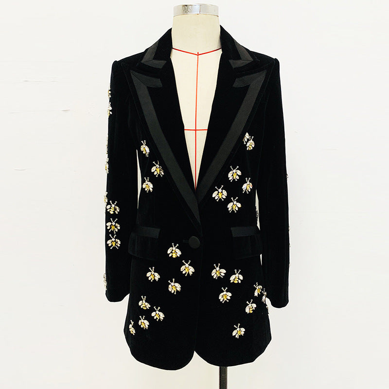 Stylish Fitted Bee Embellished Velvet Blazer