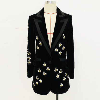 Stylish Fitted Bee Embellished Velvet Blazer