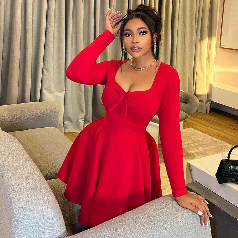 Trendy Casual A-Line Dress Long Sleeve Solid Color