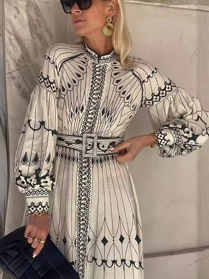 Elegant Long Sleeve Floral Print Dress with Waist Belt