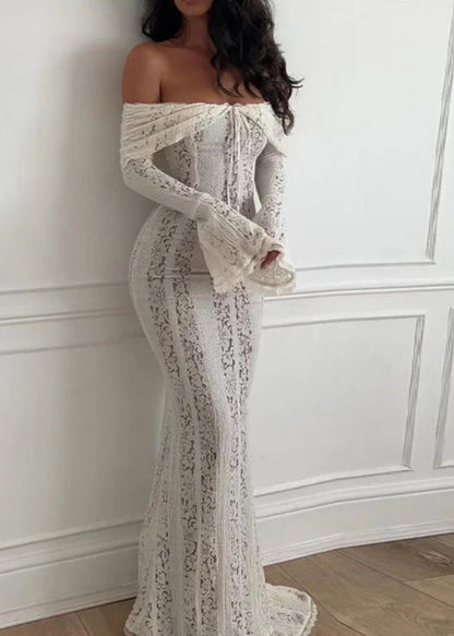 Lace Off Shoulder Maxi Gown in White