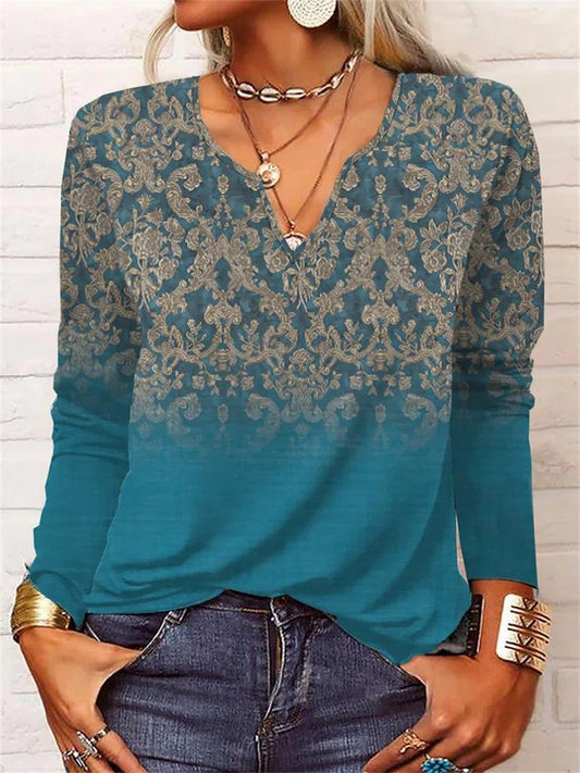 Loose Long Sleeve Floral V-Neck T-Shirt Undershirt Woman