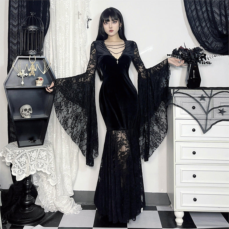 Elegant V Neck Velvet Dress With Lace Detail
