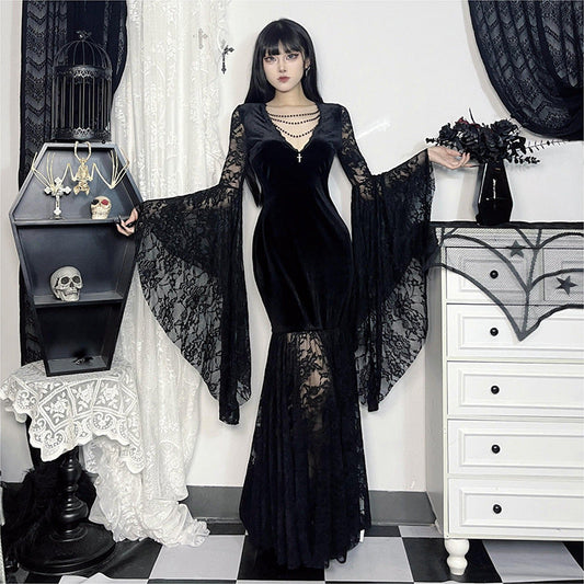 Elegant V Neck Velvet Dress With Lace Detail