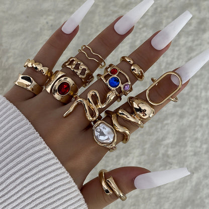 Irregular Pearl Ring Set Trendy Gold Retro Geometric Statement Rings