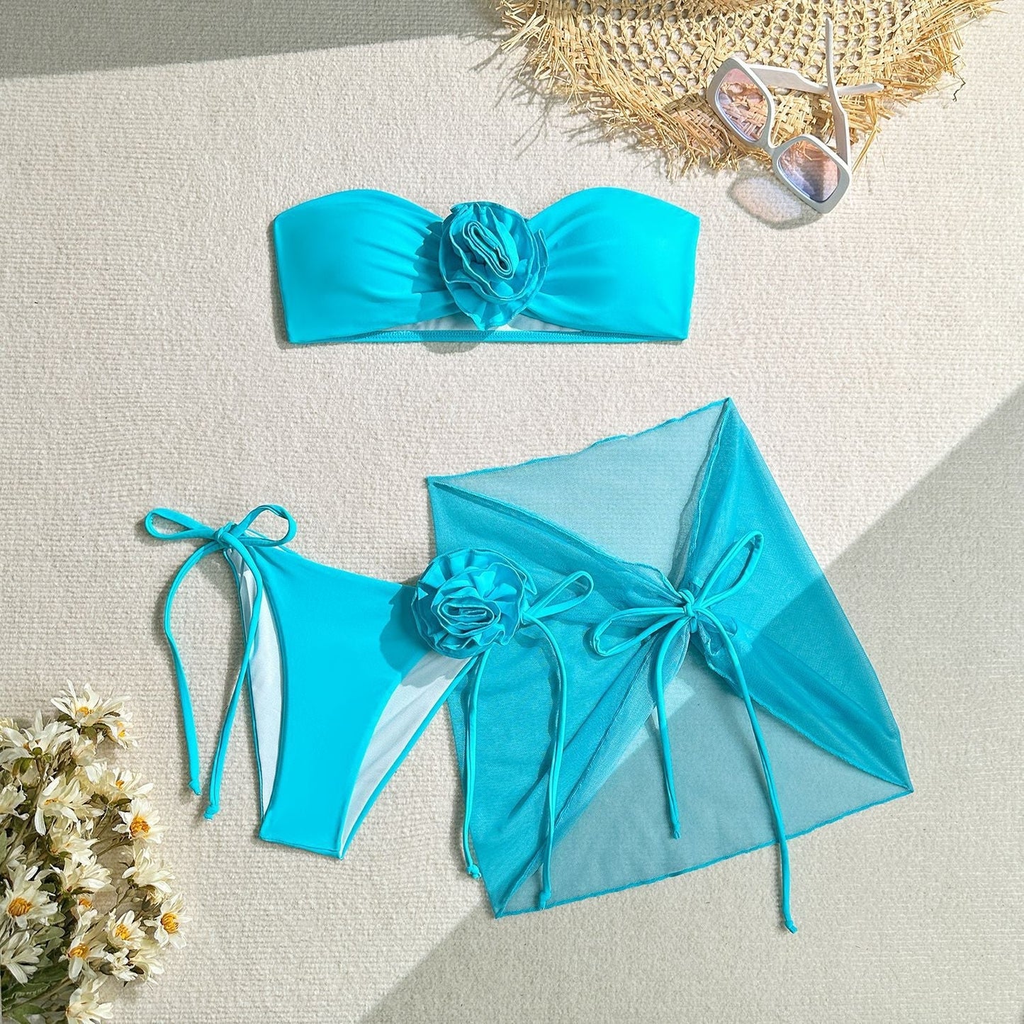 3-Piece Sexy 3D Floral Bandeau Bikini Set