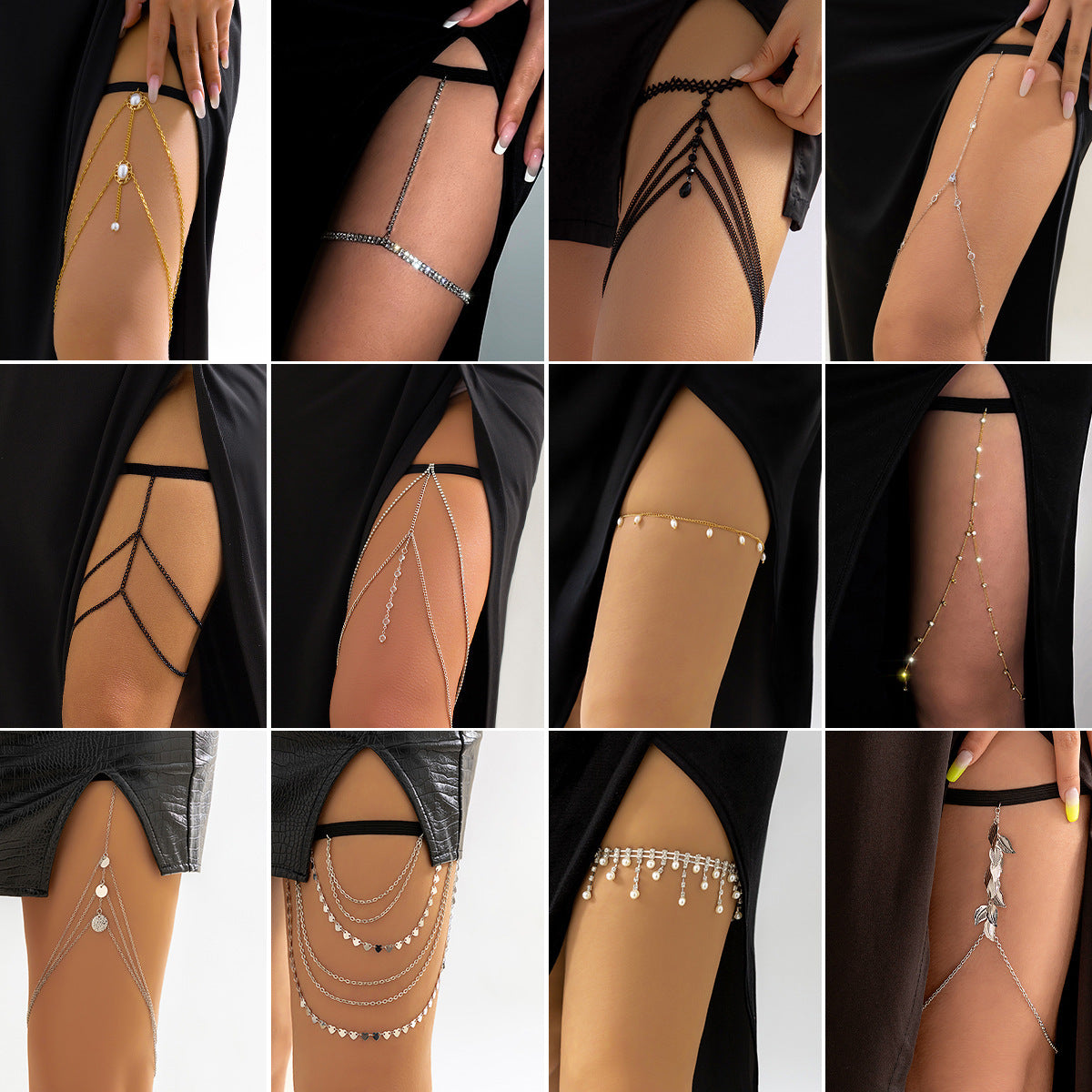 Sexy Rhinestone Elastic Thigh Chain For Women With Personality Pearl Beach Leg Accessory