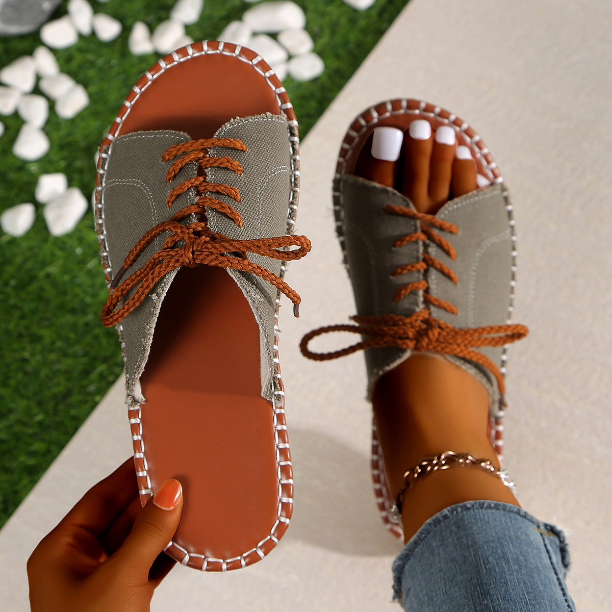 Large Size Beef Tendon Sole Cross Strap One-Word Strap Cool Slippers Summer Beach Women'S Shoes Sandal