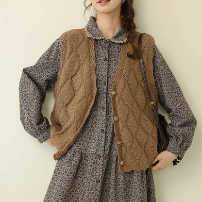 Casual V-Neck Button-Up Knit Vest Loose Fit for Women
