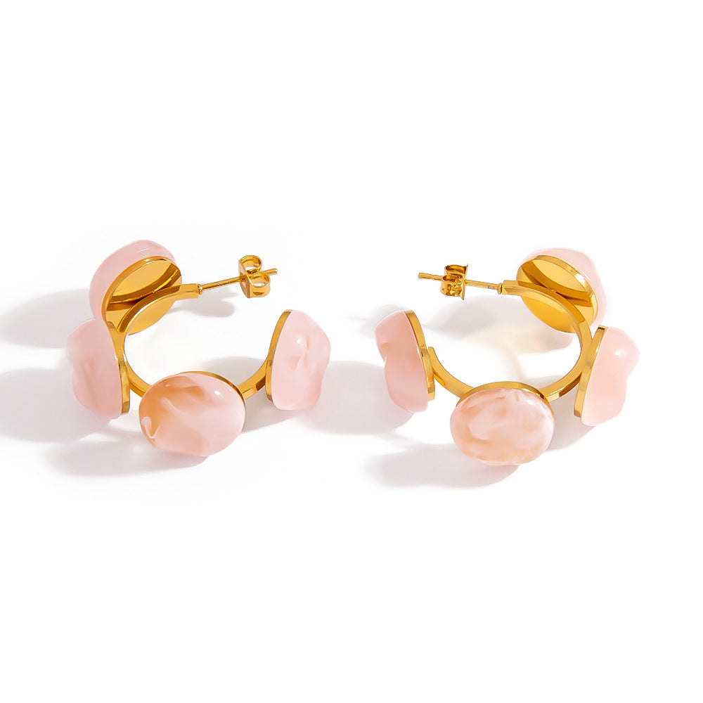 French C-Shaped Colorful Glass Earrings Stylish Geometric Stainless Steel Studs