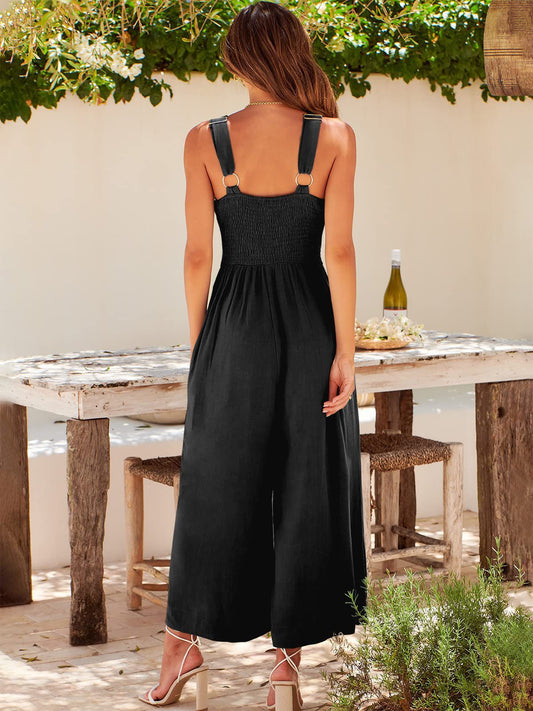 V-Neck Solid Color Straight Leg Jumpsuit