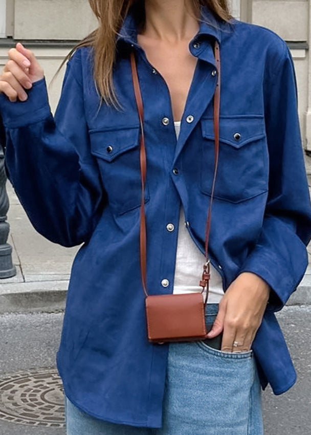 Oversized Suede Button Up Shirt Navy