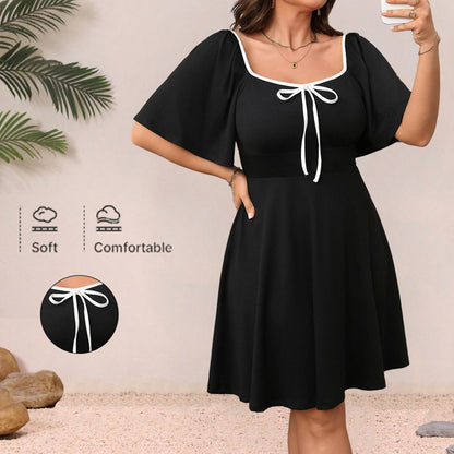 Plus Size Women's Elegant Casual A-Line Midi Dress with Bow