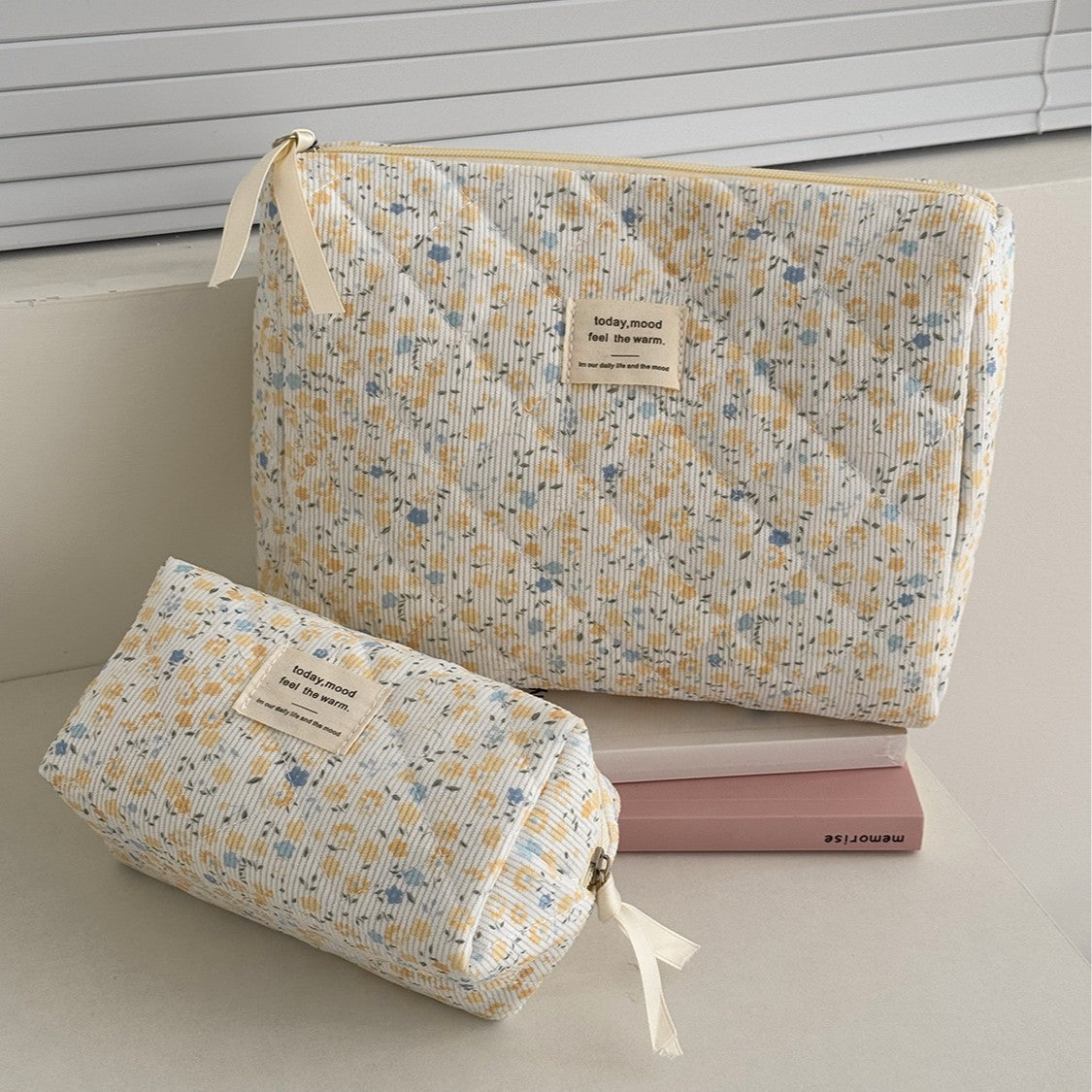 Cute Corduroy Flower Print Travel Makeup Bag