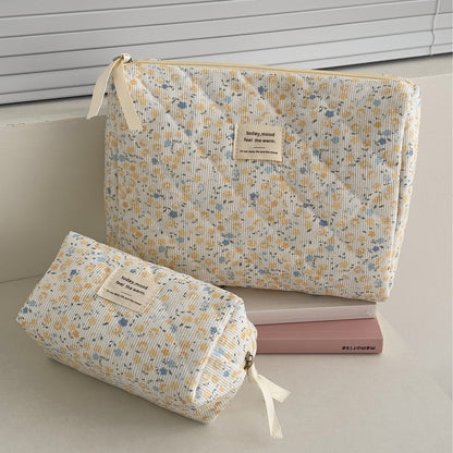 Cute Corduroy Flower Print Travel Makeup Bag