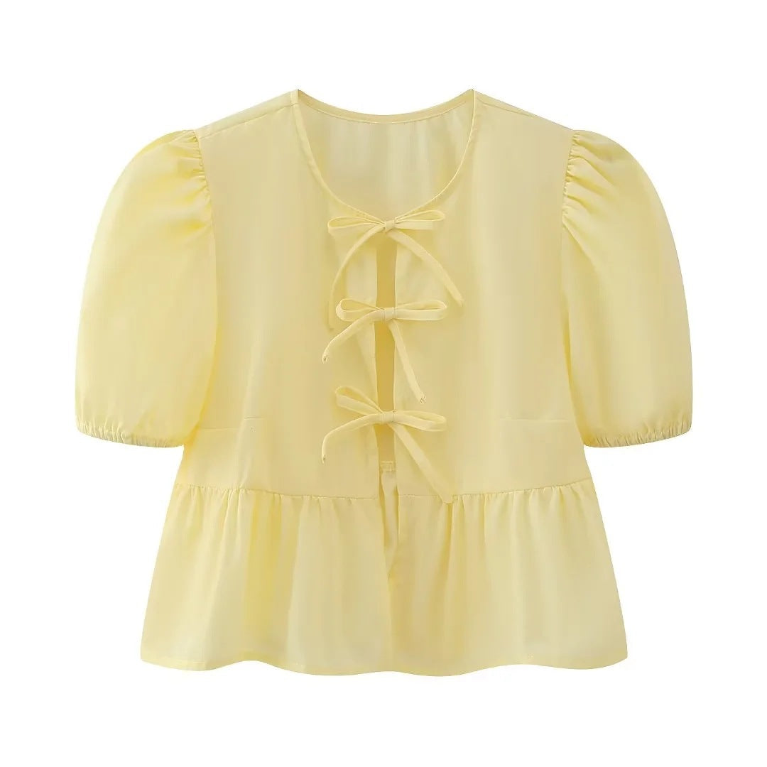 Cute Tie Front Round Neck Pullover Top