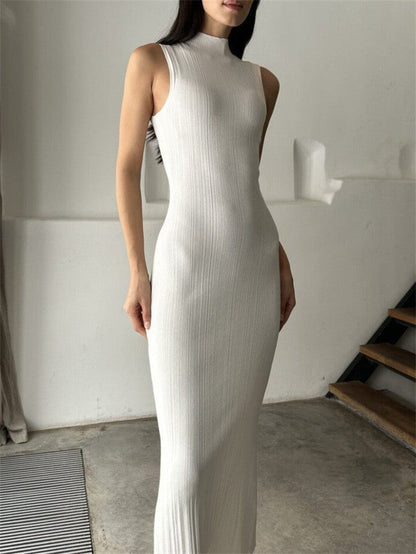 Solid Color High Neck Slim Maxi Dress