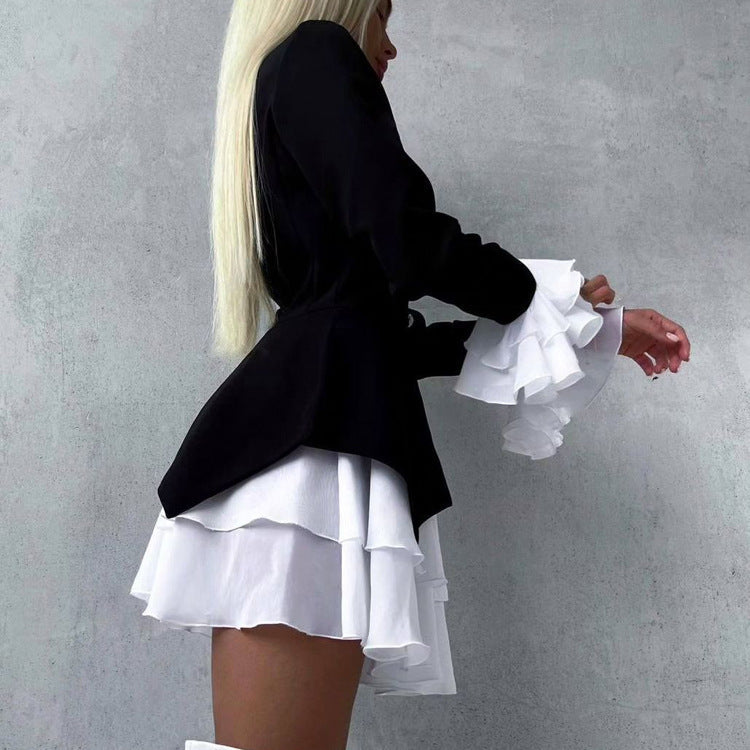 Black And White Color Block Short A-Line Dress With Flared Sleeves