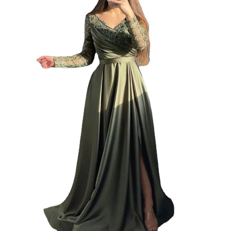 Lace A-Line Long Dress In Black And Dark Green