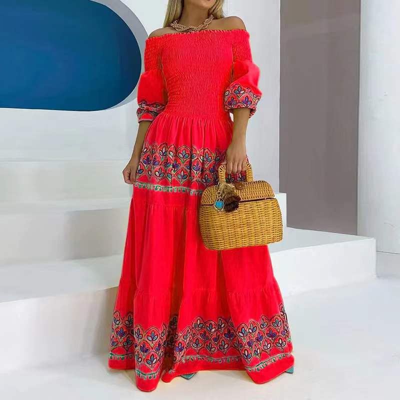 High Waist Temperament Commuter Suspender Loose Yellow Ethnic Print Dress