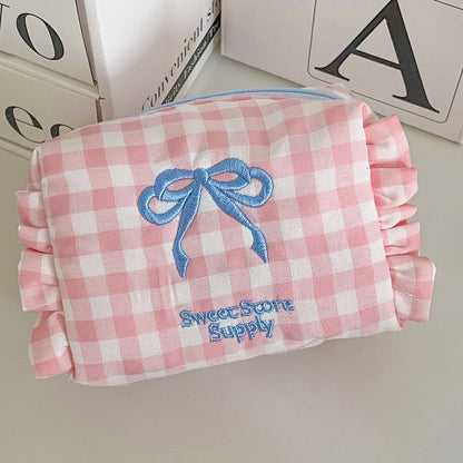 Cute Checkered Bow Coin Purse Portable Travel Bag