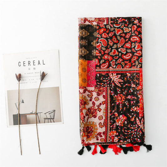 Retro Ethnic Sunscreen Shawl Bohemian Holiday Cotton And Linen Feel Scarf With Silver Wire