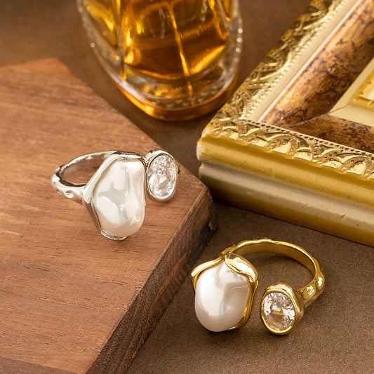 Elegant Design Adjustable Open Ring With Pearl And Zircon