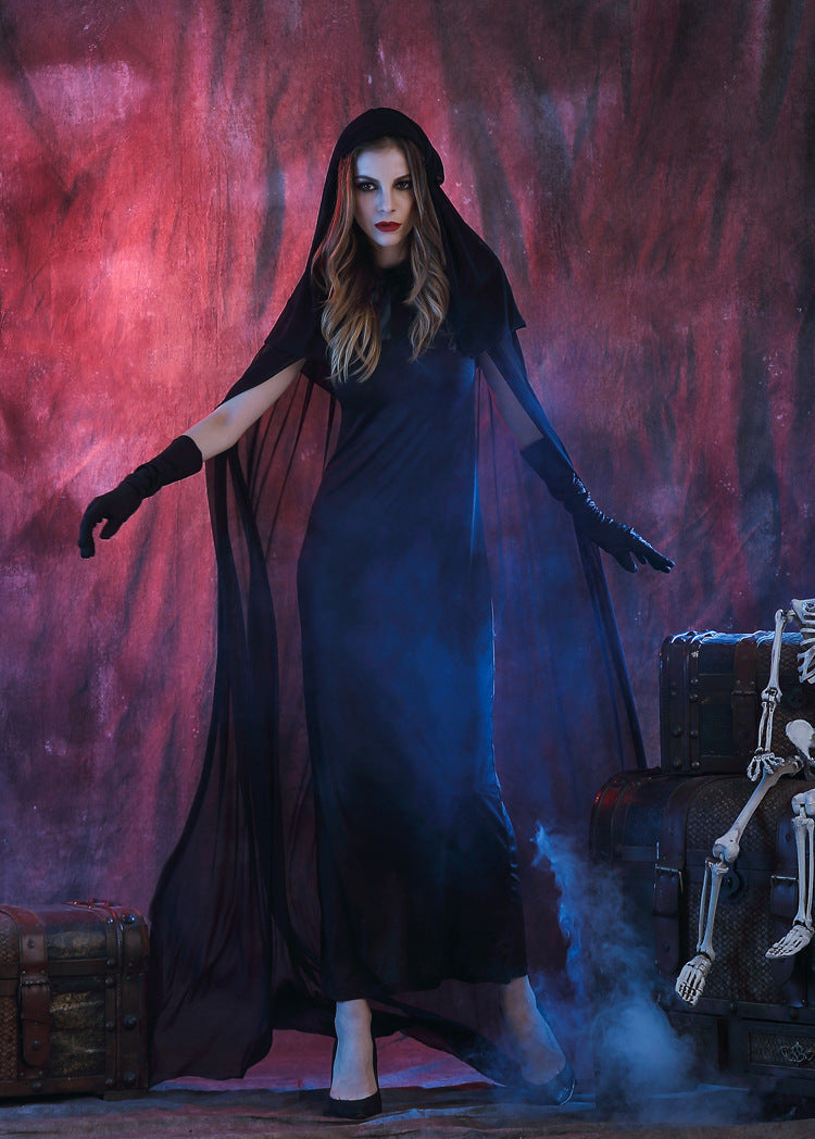 Long Black Dress With Sheer Hooded Cape