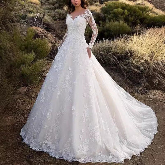 Elegant Lace Wedding Dress with Train and Sleeves
