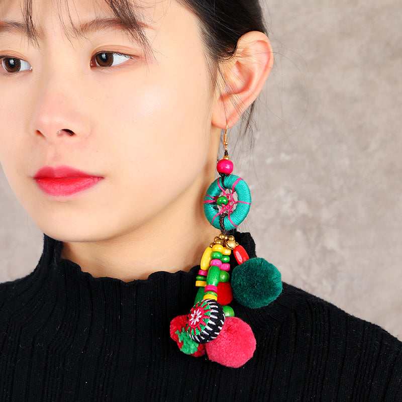Retro National Style Contrast Color Pommel Earrings Exaggerated Personality Bohemian Holiday Long Tassel Temperament Earrings Women