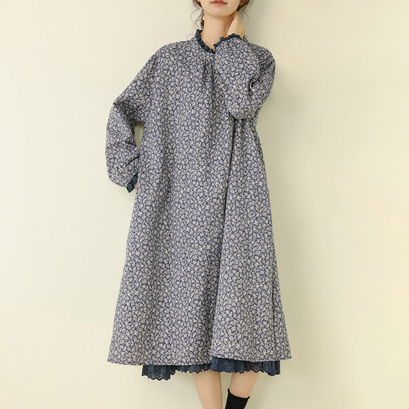 Floral Print Long Sleeve Dress Casual A-Line Dress with Ruffled Neckline