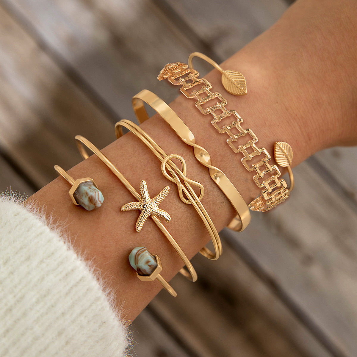 Vintage Geometric Open-Cuff Gold Bracelet Set