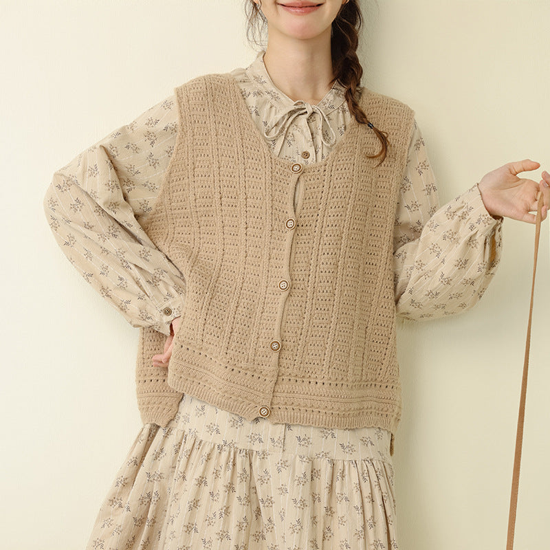 Casual Vintage Round Neck Knitted Vest with Crochet Details