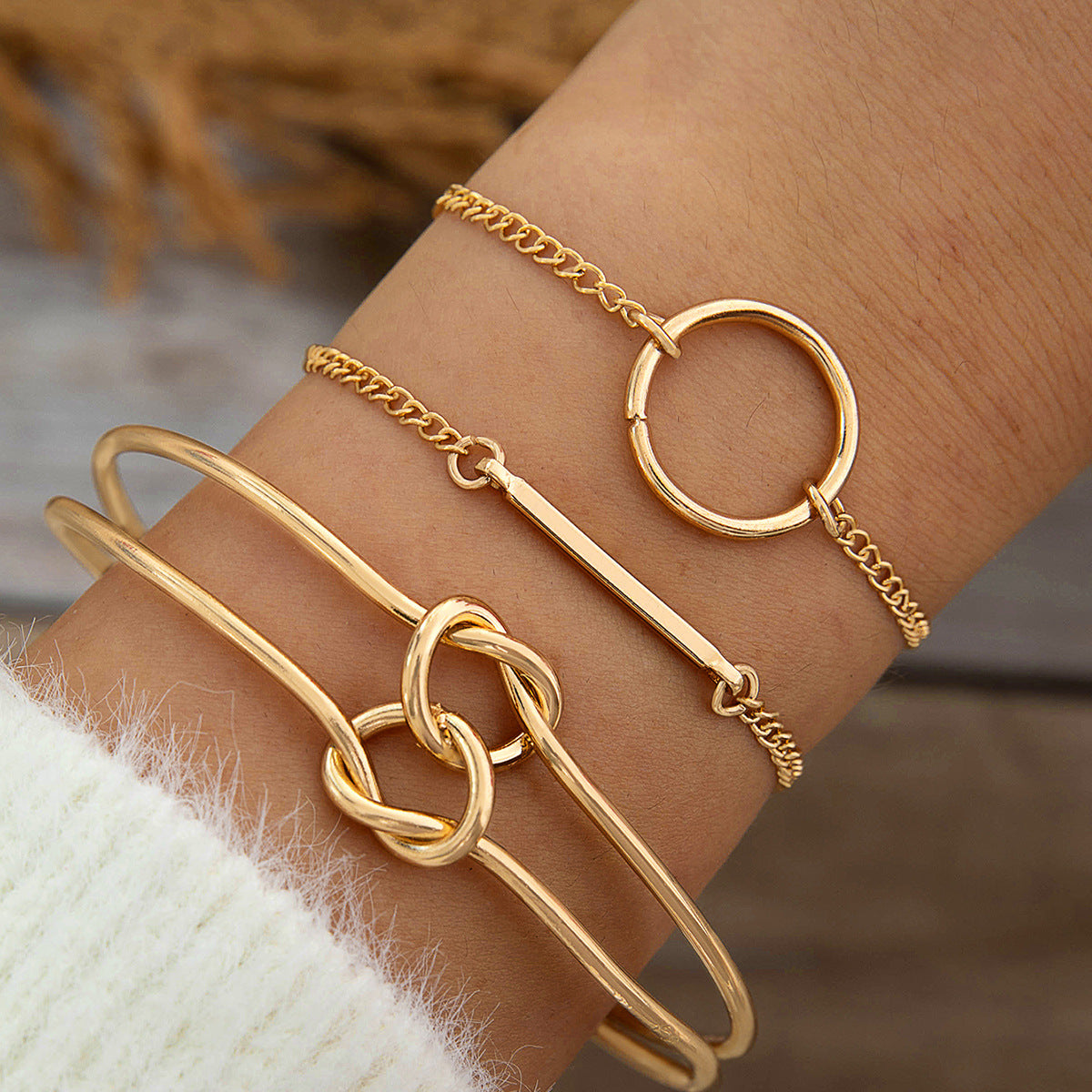Vintage Geometric Open-Cuff Gold Bracelet Set